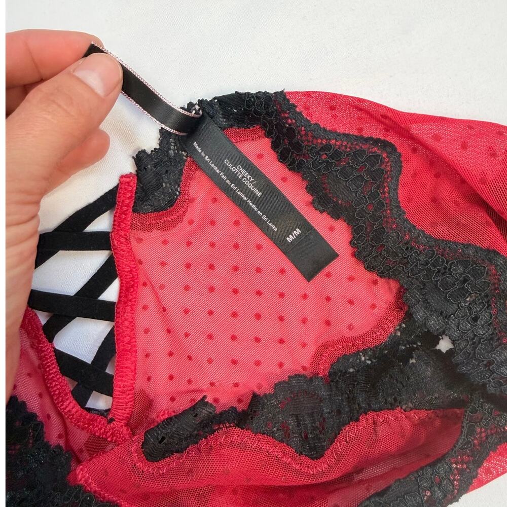 Victoria’s Secret Dream Angels Bra Set 36C M Red Black Lace Demi Cheeky NWT - Picture 8 of 9